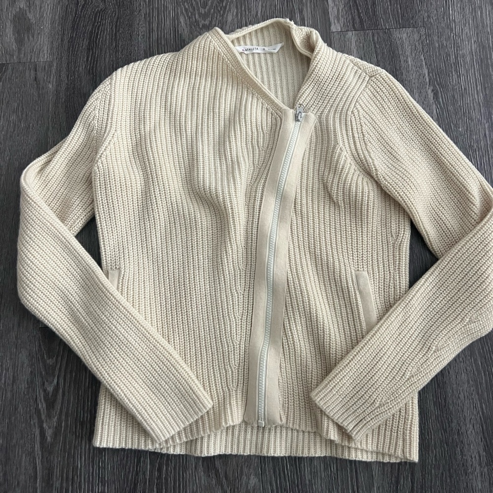 Athleta Stowe Asymmetrical Moto Zip Merino Wool Sweater